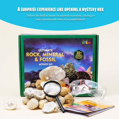 Runyangshi 25 Pcs Morocco Geode Break Your Own Kit - 1.18-1.57 in Natural Geodes with Magnifying Glass, Safety Goggles, Velvet Bag, Instruction Guide, STEM Science Kit for Rock Enthusiasts