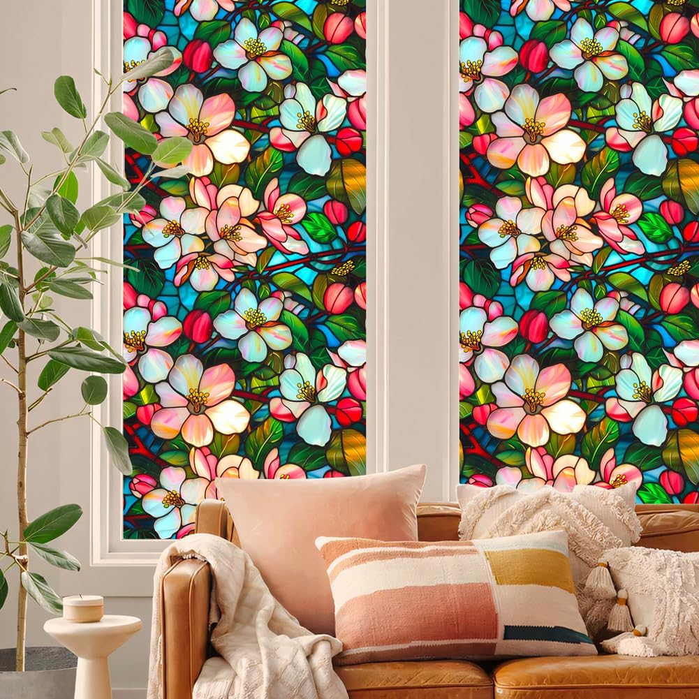 JOONOR Privacy Window Film Stained Glass Window Sticker Non-Adhesive Frosted Glass Film Decorative Magnolia Flower Pattern Static Cling Decals for Home UV Blocking/Heat Insulation 17.7 x 39.4 Inch