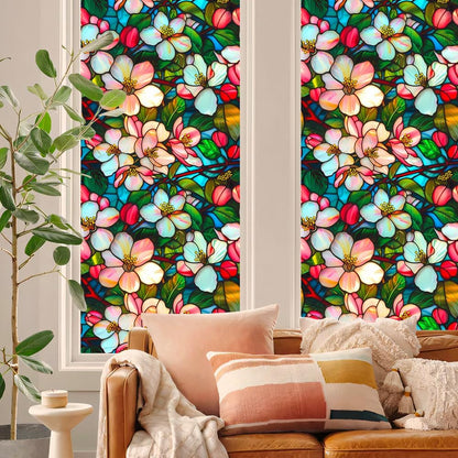 JOONOR Privacy Window Film Stained Glass Window Sticker Non-Adhesive Frosted Glass Film Decorative Magnolia Flower Pattern Static Cling Decals for Home UV Blocking/Heat Insulation 17.7 x 39.4 Inch