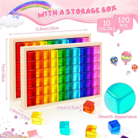 Meooeck 60 Pcs Colored Acrylic Gem Cube Blocks, Translucent Rainbow Building Stacking Cube Educational Sensory Train Toy with Wooden Storage Box for Toddler Kid Montessori School Classroom Supplies