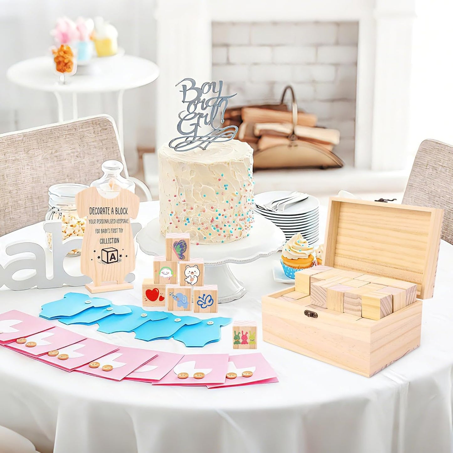 79 PCS Baby Shower Game Kit, Fun Baby Shower Blocks Decorating Game Includes 52 Wooden Blocks, 24 Markers, 1 Game Sign, 1 Storage Box and 1 Pattern Guide, Suitable for Boys and Girls, Natural Wood