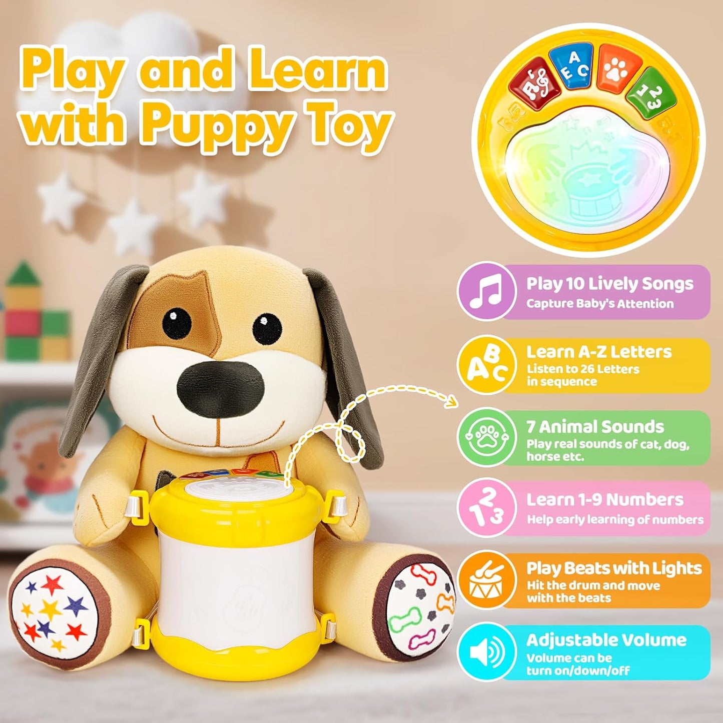 V-Opitos Stuffed Bear Musical Toys for Baby 6-12 Months+, Early Learning Light up Music Drum, Perfect Christmas Birthday Gifts for Boy & Girl Age 1, 2 Years Old
