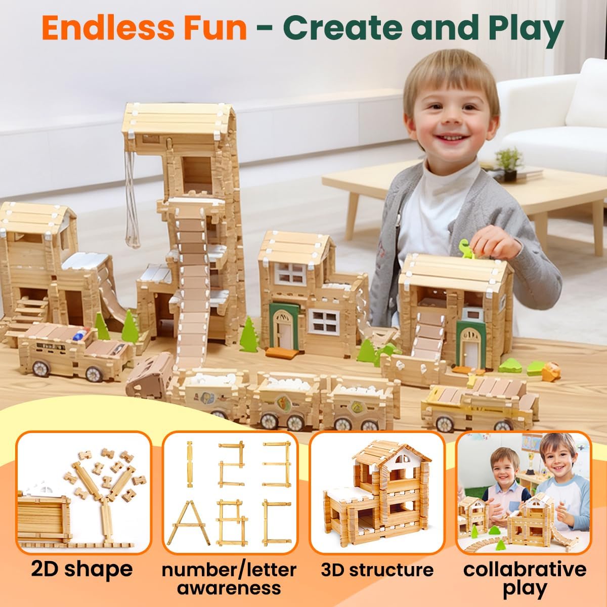 Jovi-mindly＆Notchies 96 PCS Wooden Blocks Wooden Toys with Storage Bag, Preschool Learning Toys Wood Blocks Building for Kids Ages 4-8 Creative Construction Game,FSC Certified,Birthday Toys Gifts