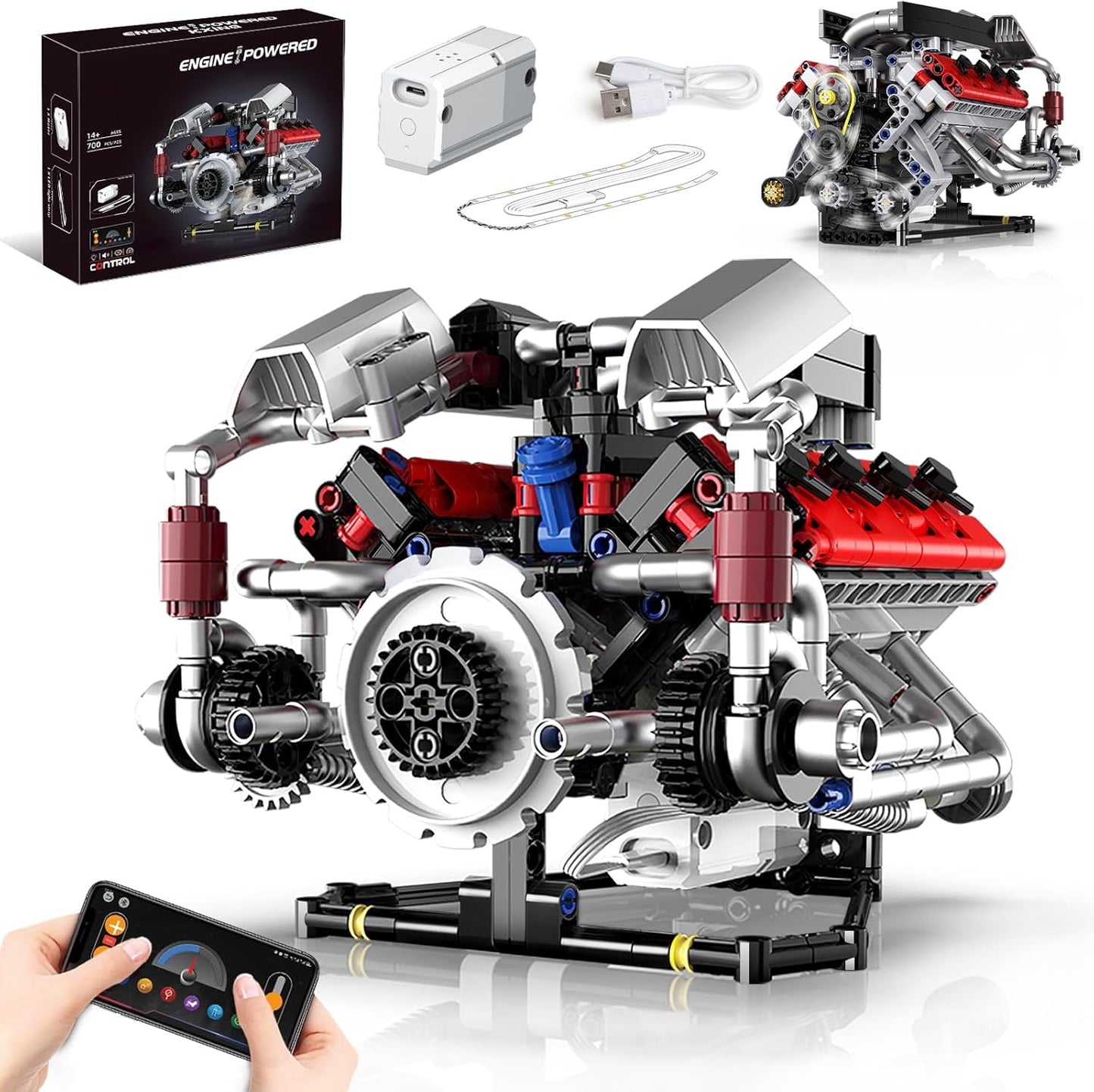 OWNONE 1 V8 Engine Model Kit that Work - 8-Cylinder Visible Engine Building Blocks Set with Motor, LED Light & APP Control - Build Your Own Engineering Kit, STEM Project for Adults & Kids (660 PCS)