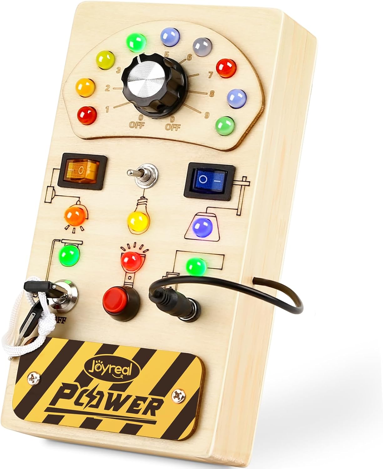 Joyreal Busy Board with 19 LED Lights and 10 Switches, Montessori Toys for 1 2 3 Year Old, Wooden Sensory Activity Board for Toddlers, Travel Toys for Toddler 1-3 Plane Car, Birthday Gifts for Girls