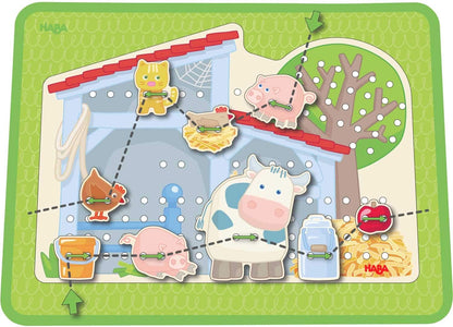 HABA Farm Threading Game with 18 Barn Yard Themed Wooden Tiles and Template Cards