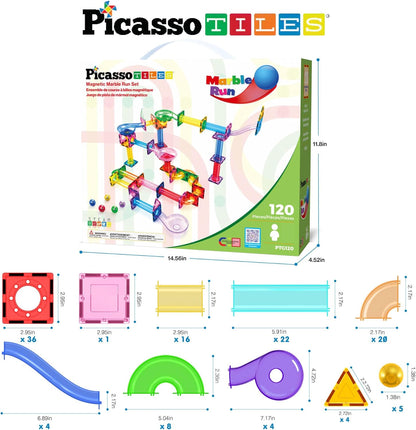 PicassoTiles 50pcs Magnetic Tiles Marble Run for Kids Race Track Toy Marble Maze Sensory Toys for Toddlers STEM Educational Set Magnet Building Blocks Construction Building Tiles Boys Girls 3+ PTG50