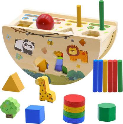 Montessori Busy Box for Toddlers 1-3, Wooden Object Permanence Coin Box with Shape Sorter & Animal Matching, Sensory Fine Motor Learning Toy with Wobble Base, Gift for 1 2 3 Year Old