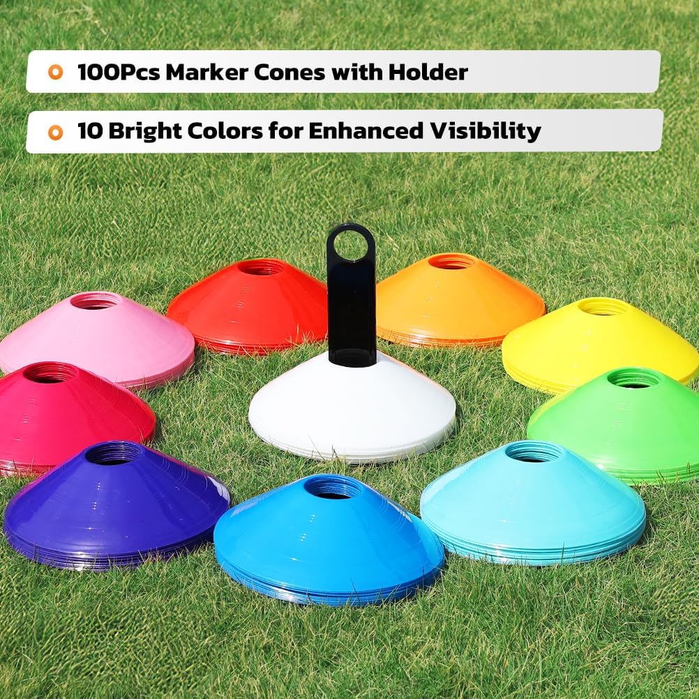 GHB Soccer Cones 25/50/100 Pack Disc Soccer Sport Cones Training Field Marker Agility Cones for Traffic, Basketball, Coaching, Practice Equipment Includes Cone Drills Guide