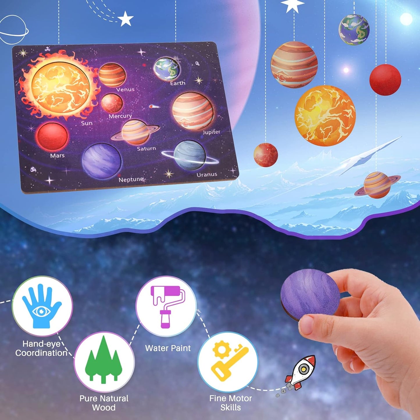 Zeoddler Solar System Puzzle for Kids 3-6, Wooden Space Toys, Planets for Kids, Preschool Learning Activities, Gift for Boys, Girls