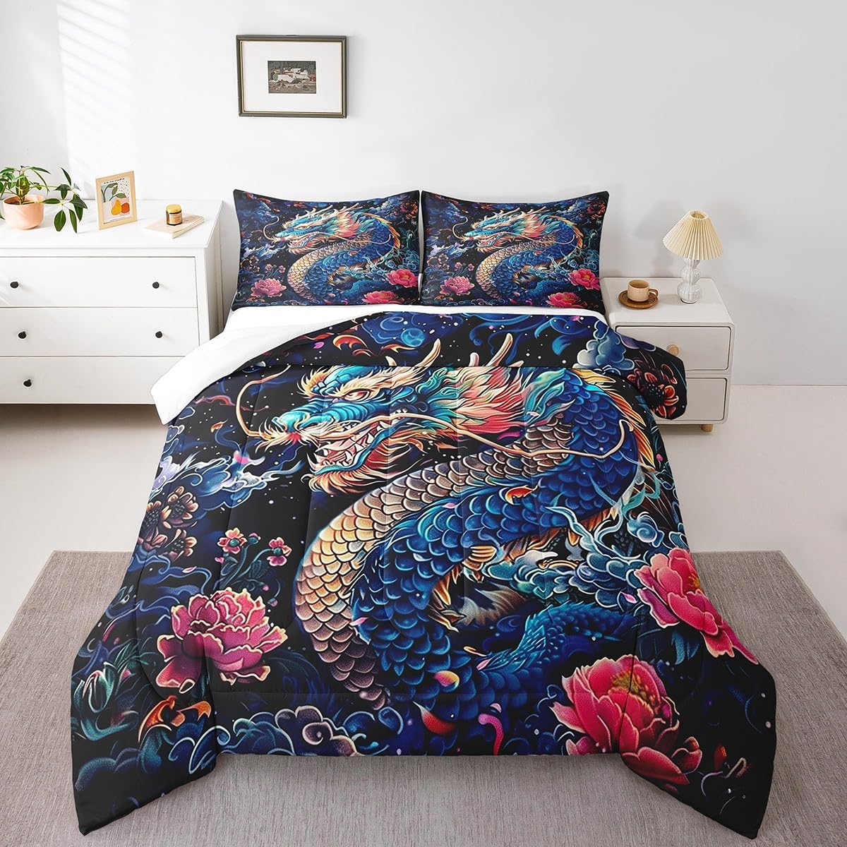 Castle Fairy Drum Kit Comforter Set,Musical Instruments Bedding Set for Kids Girls Women,Adults Rock Music Comforter,Neon Lighting Quilted Duvet Set Bedroom Collection Twin Size 2Pcs