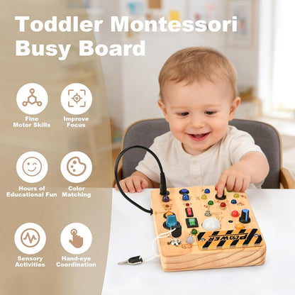 LED Busy Board for Toddlers - Montessori Sensory Toy with 10 Switches & 19 Lights, Wooden Activity Board for Fine Motor Skills, Ideal Educational Birthday Travel Toy Gift for 1 2 3 Year Old Boys Girls