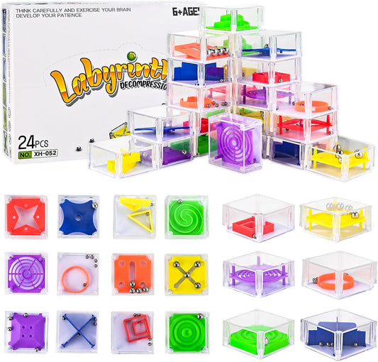 GOLDGE 24 Pcs Balance IQ Maze Game Toy Set - Mini 3D Brain Maze Puzzle Cubes in a Box. Fun Party Favor Games and Ideal Prizes for Kids and Adults