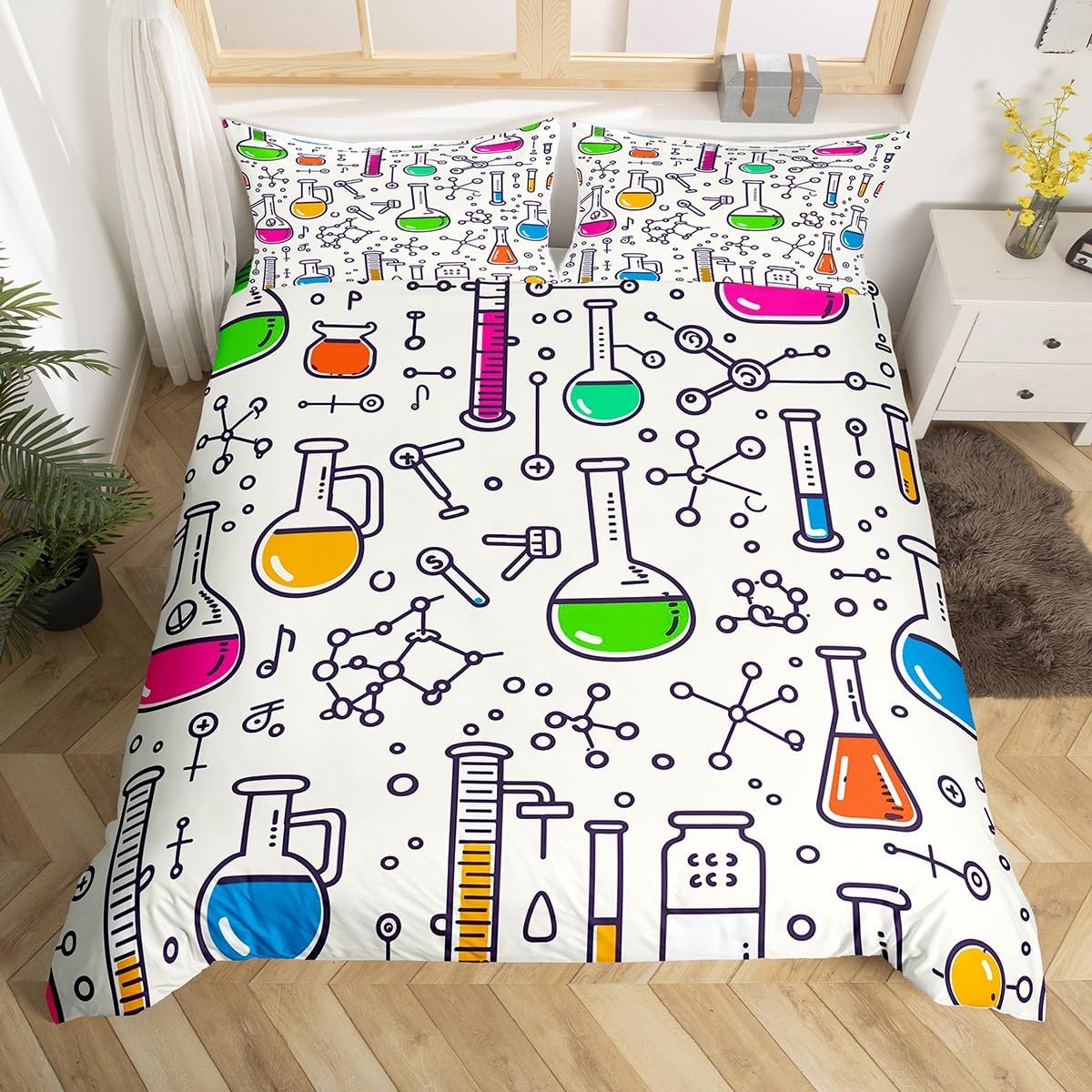 Erosebridal Chemistry Bedding Set Chemical Equation Comforter Cover for Kids Boys,Science Students Duvet Cover Test Tube Microscope Chemical Equipment Bed Set Full,Science Educational Dorm Room Decor