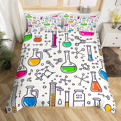 Erosebridal Chemistry Bedding Set Chemical Equation Comforter Cover for Kids Boys,Science Students Duvet Cover Test Tube Microscope Chemical Equipment Bed Set Full,Science Educational Dorm Room Decor