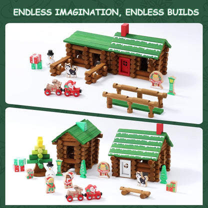 SainSmart Jr. 110 PCS Wooden Log Cabin Set Building House Toy for Toddlers, Classic STEM Construction Kit with Colorful Wood Logs Blocks for 3+ Years Old