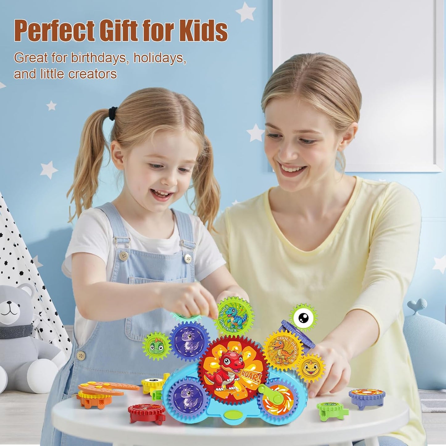 STEM Gears Toys for Kids Ages 3+, Creative Learning Building Blocks, 13Pcs Educational Construction Toy Set, Electric & Manual Dual Mode, Versatile Gear Playset Gift for Boys & Girls