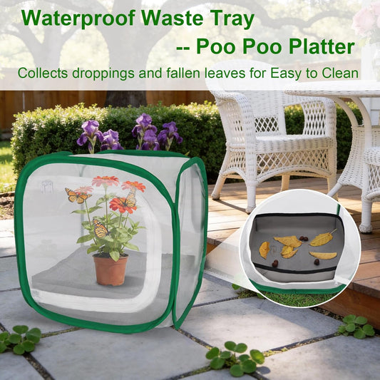 Butterfly & Insect Habitat Cage 24" x 24" x 36", Extra Large Butterfly Enclosure with Poop Tray for Easy to Clean, Pop-up Caterpillars Mesh Cage Terrarium with Sunshade Top for Outdoor.