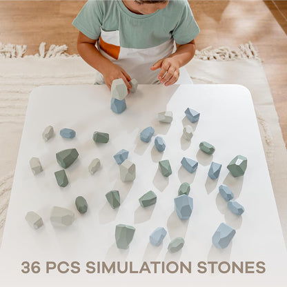Comfy Cubs Stacking Rocks 36 Pieces, 36 Months+, Educational Toddler Stacking Blocks, Promotes Imagination, Balance & Fine Motor Skills - Wooden Rocks Sensory Toys Gift for Kid, Neutral Pack
