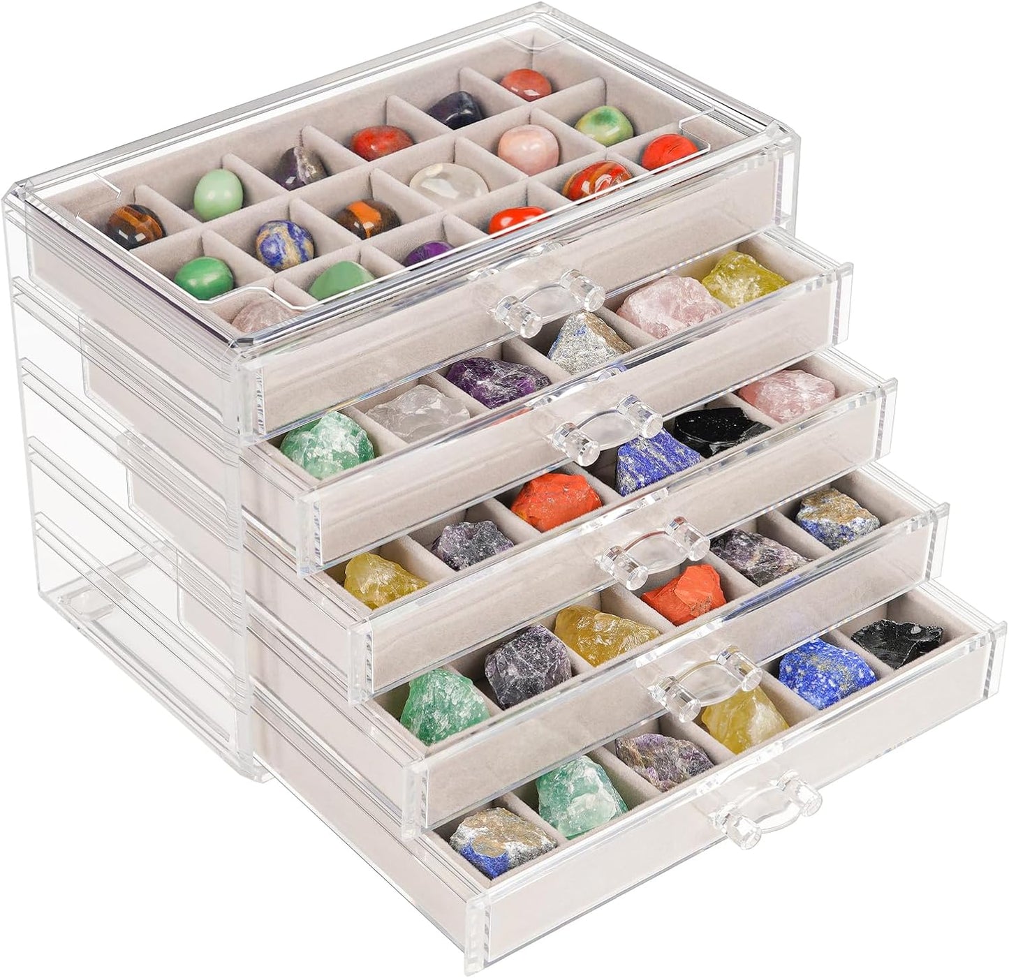 Bfttlity Acrylic Rock Display Case,54 Grids Rock Collection Box for Kids with Mini Magnifying Glass and Gloves, Clear Display Cases for Stones Collectibles Gemstone Crystals Storage Boxes