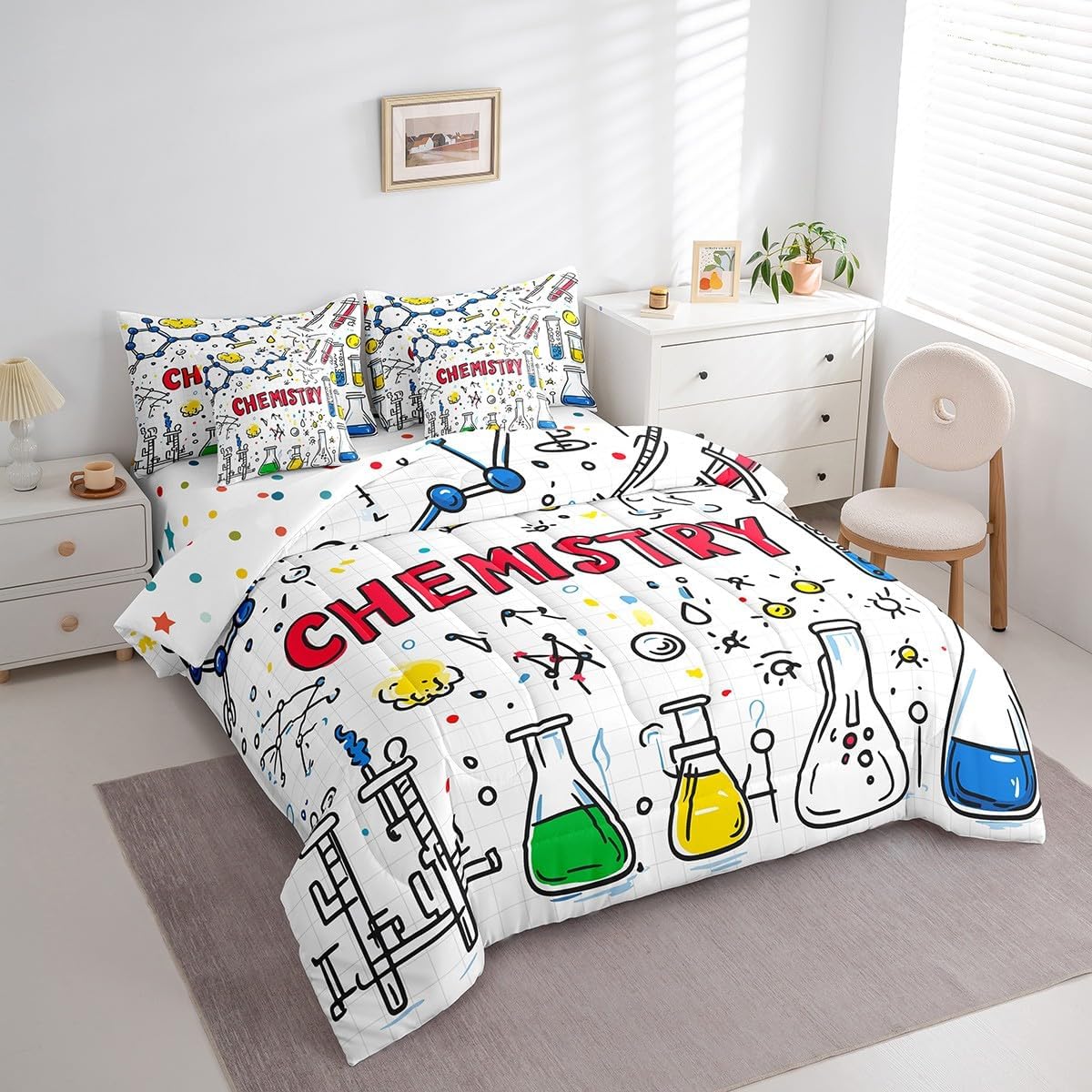 Erosebridal Chemical Equation Bed in a Bag Queen Comforter Set 7 Piece,Chemistry Bedding Sets Science Students Learning Gift Sheet Set with Comforter,Molecular Formula Education Bed Set - Colors A