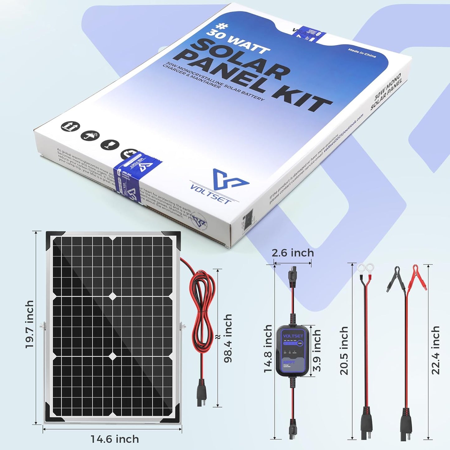 Voltset 12V Solar Battery Charger - 20W Waterproof Solar Panel Kit with Smart MPPT Controller - Trickle Charger Maintainer for Car RV Boat Marine Trailer Automotive Trailer Truck Motorcycle