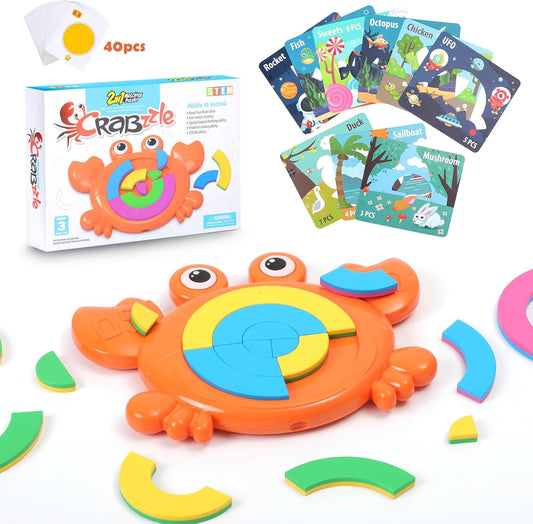 Crabzzle Educational Puzzles for Kids Ages 3+, 2-in-1 Match Picture Fraction Learning Brainteaser Toy