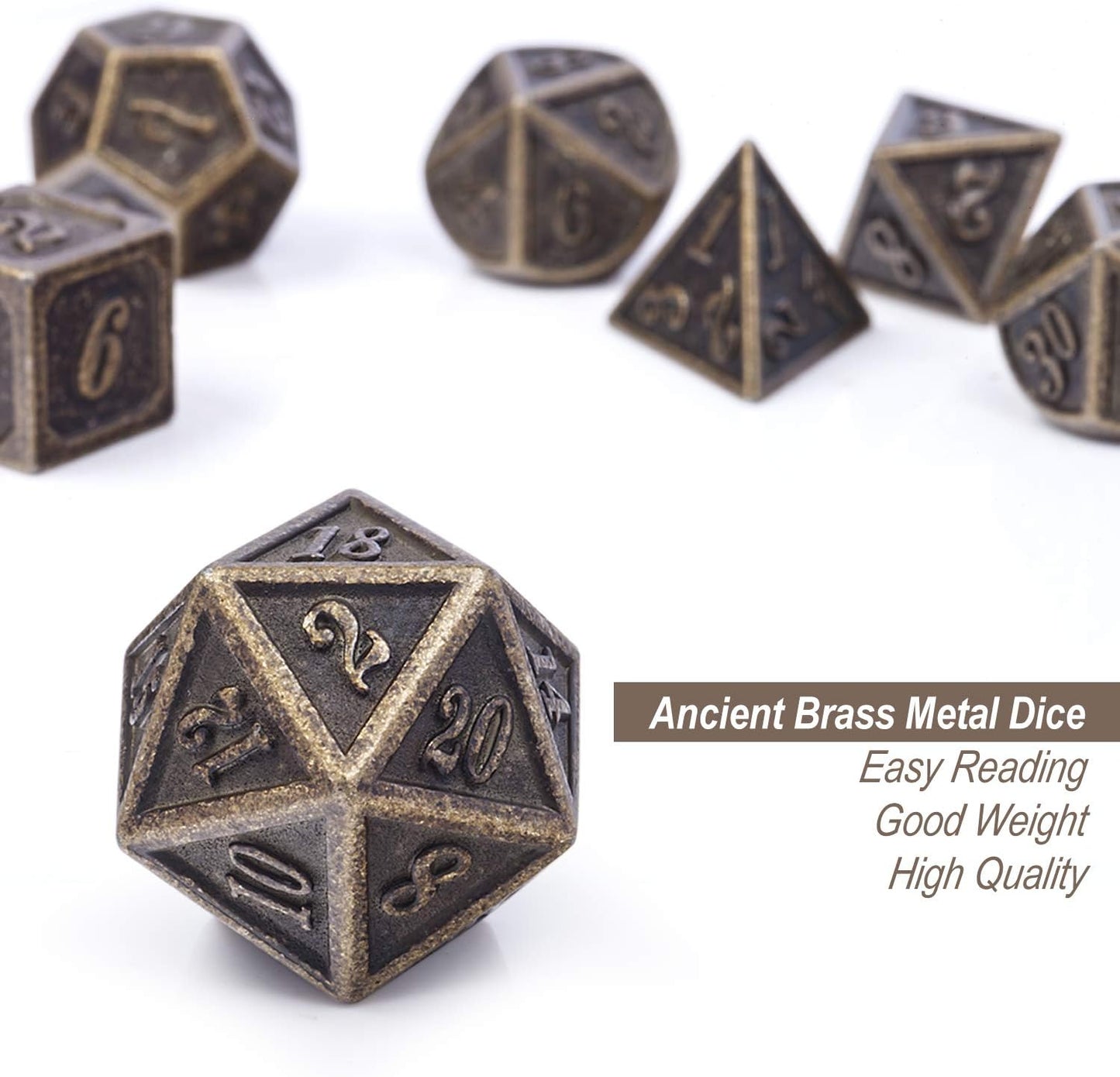 DnDnD Heavy Polyhedral Metal Dice Set with Metal Box, 7-die Shiny Blue Surface with Golden Number for RPG,Dungeons and Dragons,Pathfinder,Shadowrun,D&D,Role Palying Game and Math Teaching - Colors A