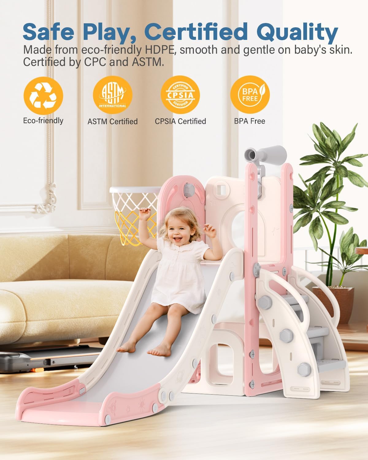 Babytronic Toddler Slide, 6 in 1 Kids Indoor Slide for Toddlers 1-3, Baby Indoor and Outdoor Climber Playset, Kids Slide with Basketball Hoop and Telescope, Toddler Outdoor Playground (Blue&Yellow)
