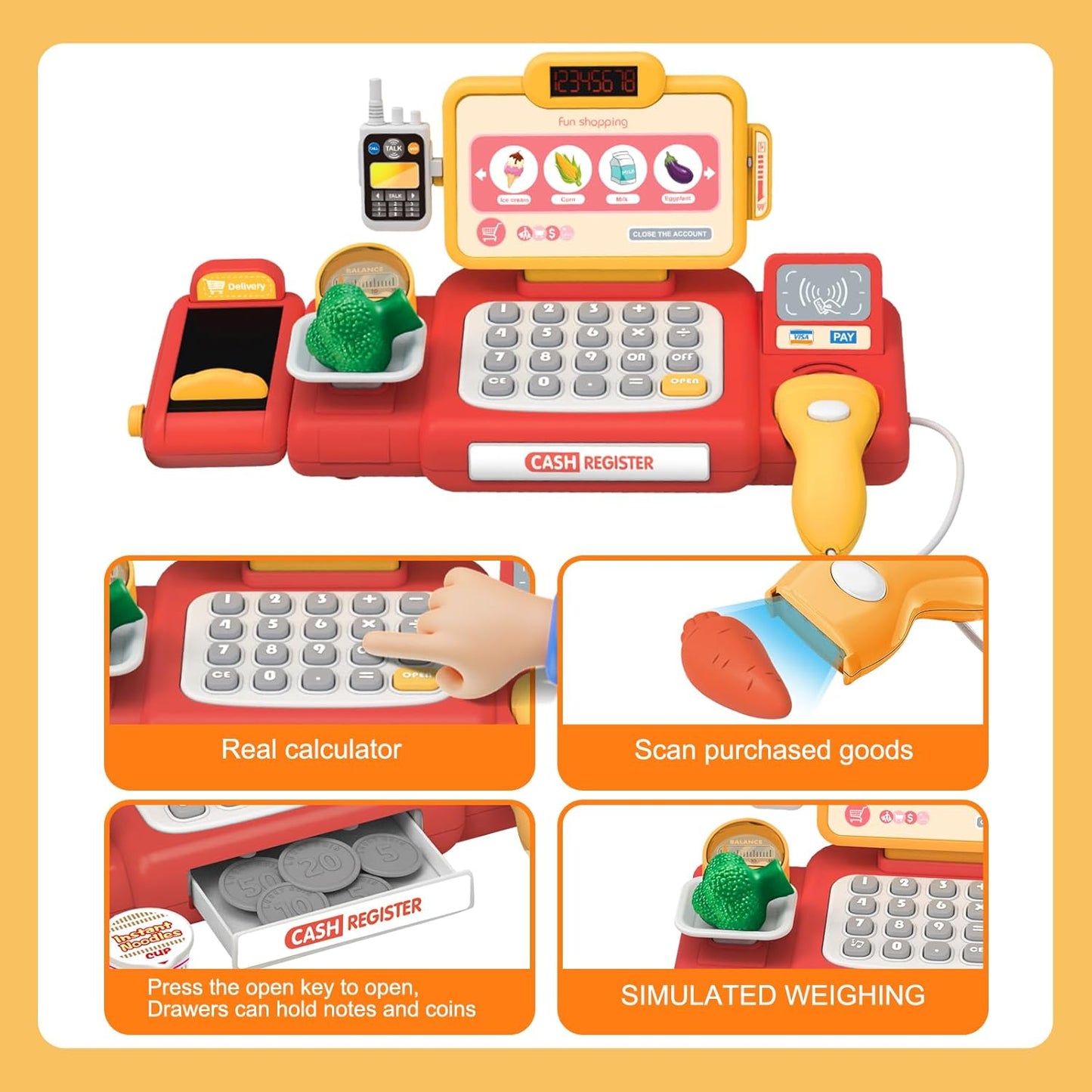 Yalujumb Kids Shopping Cart Trolley Play Set and Pretend Play Calculator Cash Register Toy with Pretend Food and Accessories,Perfect for Ages 3+ Pretend Play and Role-Playing Games