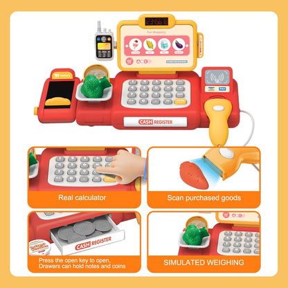 Yalujumb Kids Shopping Cart Trolley Play Set and Pretend Play Calculator Cash Register Toy with Pretend Food and Accessories,Perfect for Ages 3+ Pretend Play and Role-Playing Games