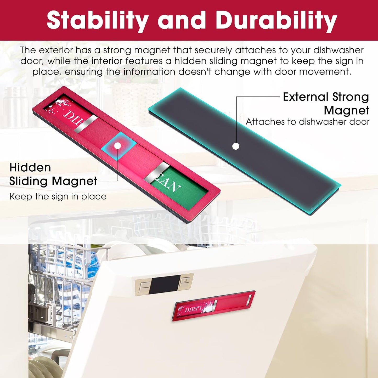 Clean Dirty Magnet for Dishwasher, Premium Stainless Steel, Dirty/Clean Speckled Design, Durable Magnet & Clear Indicators with Extra Tape (Silvery-Gray-01)