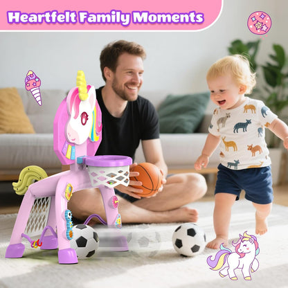 Toddler Basketball Hoop & Soccer Goal， Baby Toy for 1 2 3 Year Old Girls, Kids Activity Center Toys with Light & Music,Unicorn Toys for Girls 12-18-36 Months, Christmas Birthday Gifts for Ages 1-3