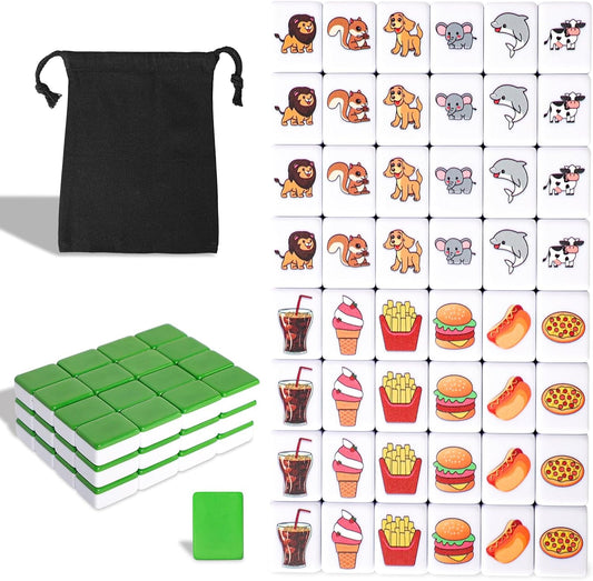 GRACIAS 2 Players Mahjong Block Set, Mahjong Tile Game with 50 Premium Pink Tiles(30mm) Animal and Food Pattern, Portable Mahjongg Set with A Carry Bag