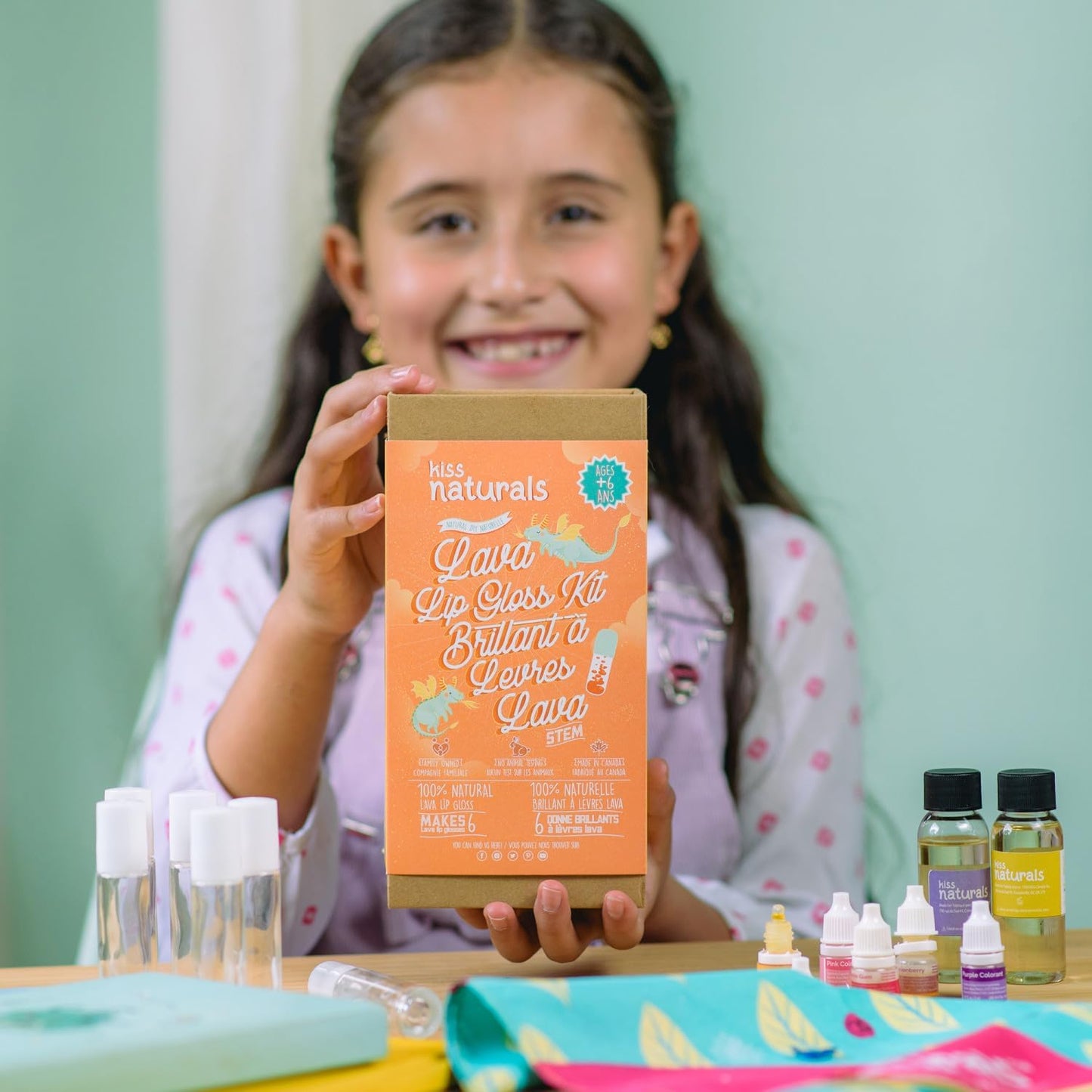 Kiss Naturals - Lava Lip Gloss Kit - With Organic Castor Oil, Safflower Oil, Coconut Oil - STEM DIY Science Kit - Make 6 Lip Gloss - 2 Natural Flavors - Birthday, Holiday, Party Gift for Girls