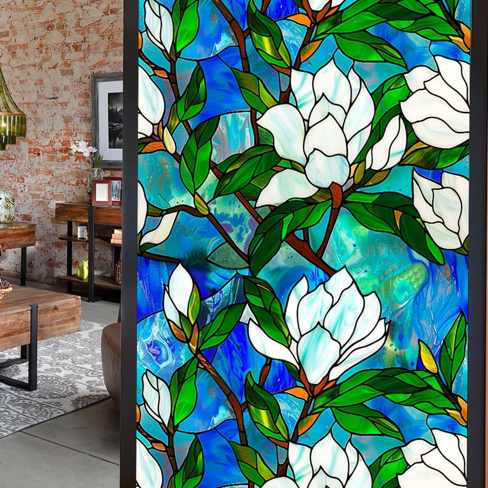 JOONOR Privacy Window Film Stained Glass Window Sticker Non-Adhesive Frosted Glass Film Decorative Magnolia Flower Pattern Static Cling Decals for Home UV Blocking/Heat Insulation 17.7 x 39.4 Inch