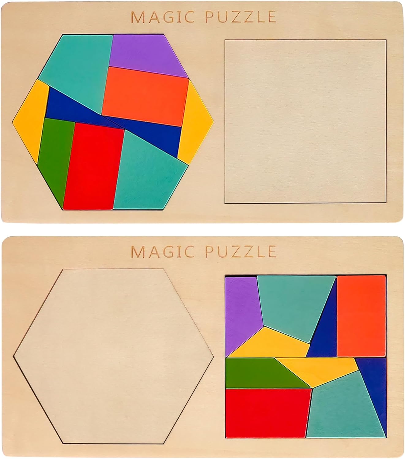 KINGOU 2-in-1 Wooden Tangram Puzzle for Kids & Adults, Hexagon and Square Brain Teasers Intelligence STEM Toys, Geometric Shape Block Jigsaw Games, Desktop Mind Puzzles Travel Gift for Ages 4-8 8-12