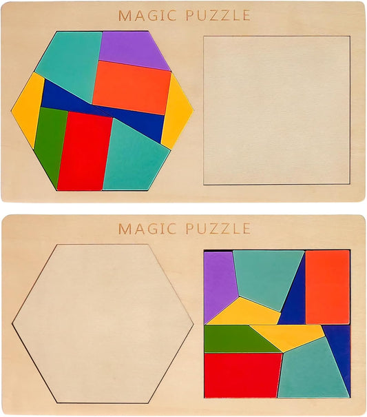 KINGOU 2-in-1 Wooden Tangram Puzzle for Kids & Adults, Hexagon and Square Brain Teasers Intelligence STEM Toys, Geometric Shape Block Jigsaw Games, Desktop Mind Puzzles Travel Gift for Ages 4-8 8-12