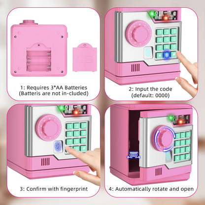 Piggy Bank, Automatic Electronic Piggy Bank for Kids Boys Girls with Password and Fingerprint Unlocking Simulation, Money Bank Kids Safe Toys for 3 4 5 6 7 8 9 10 Year Old Boy Girl (Black)
