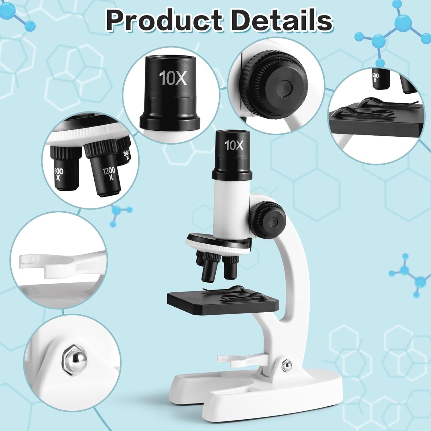Science Microscope Kits - 80X-1200X Zoom with LED Light, White Beginner Microscope Set with Slides and Phone Holder, Science Educational Tool for Nature Study & Birthday Gift