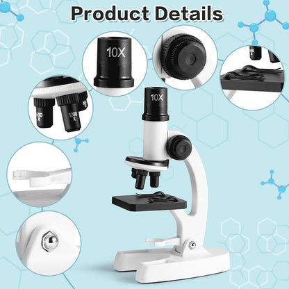 Science Microscope Kits - 80X-1200X Zoom with LED Light, White Beginner Microscope Set with Slides and Phone Holder, Science Educational Tool for Nature Study & Birthday Gift