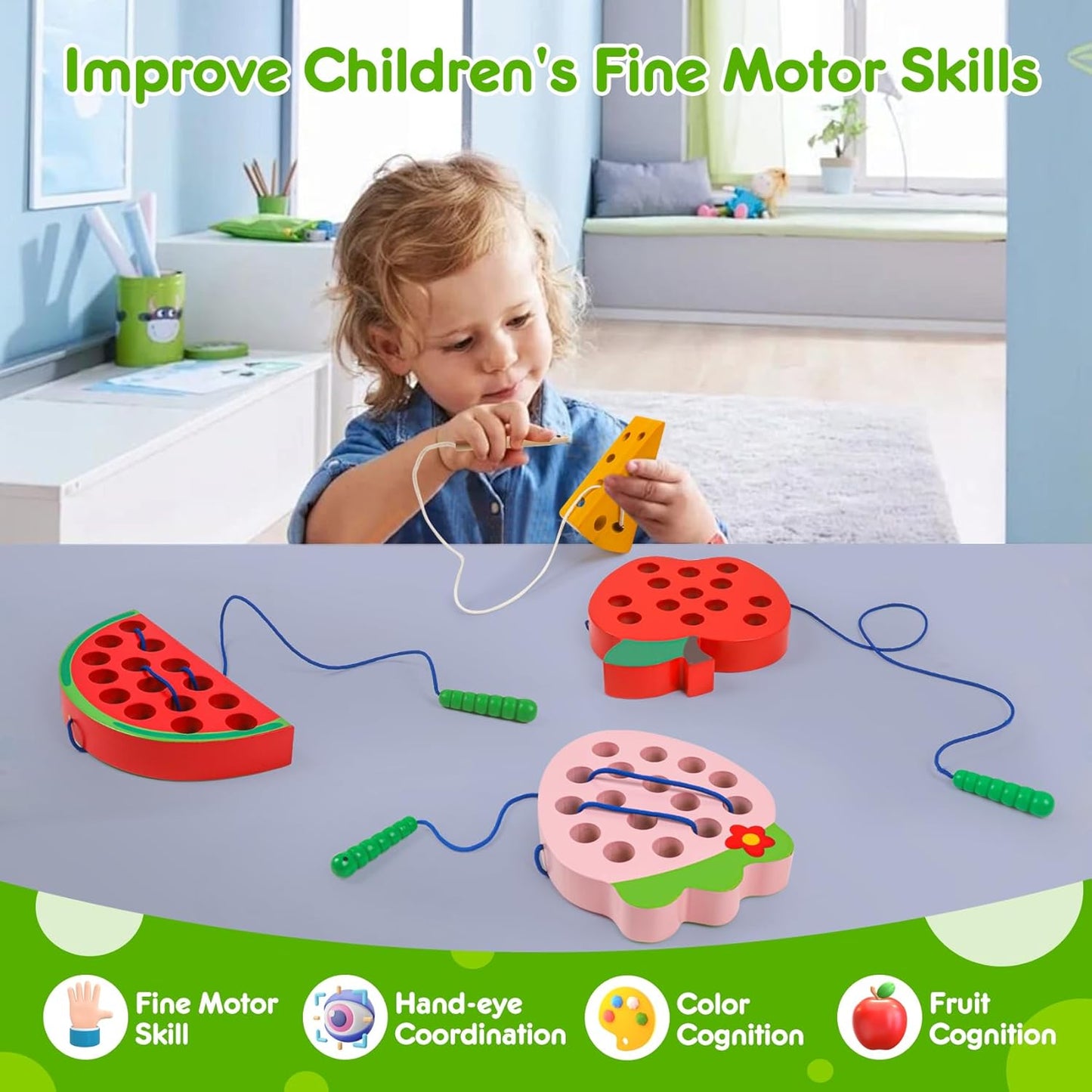 Lacing Toys for Toddlers,Wooden Threading Apple Baby Travel Toys,Montessori Education Sensory Learning Fine Motor Skills, Wooden Block Puzzle Gifts for 3 Year Old Baby Kids Boys Girls