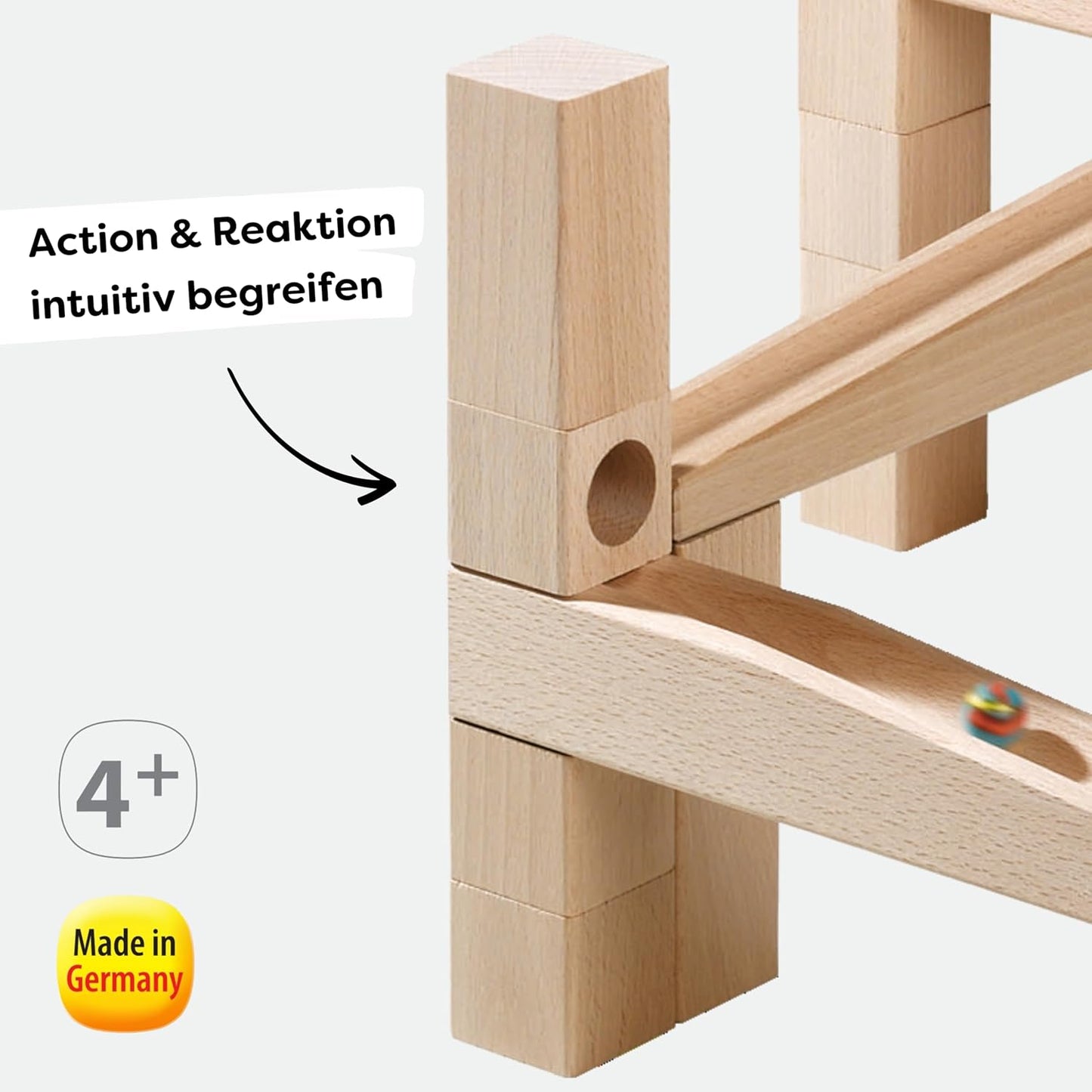 HABA Wooden Marble Run Ball Track Building Set for 4-10 Year Olds, STEM Toy with 49-Piece Wooden Track and Marbles, Montessori Toys for 4 Year Olds