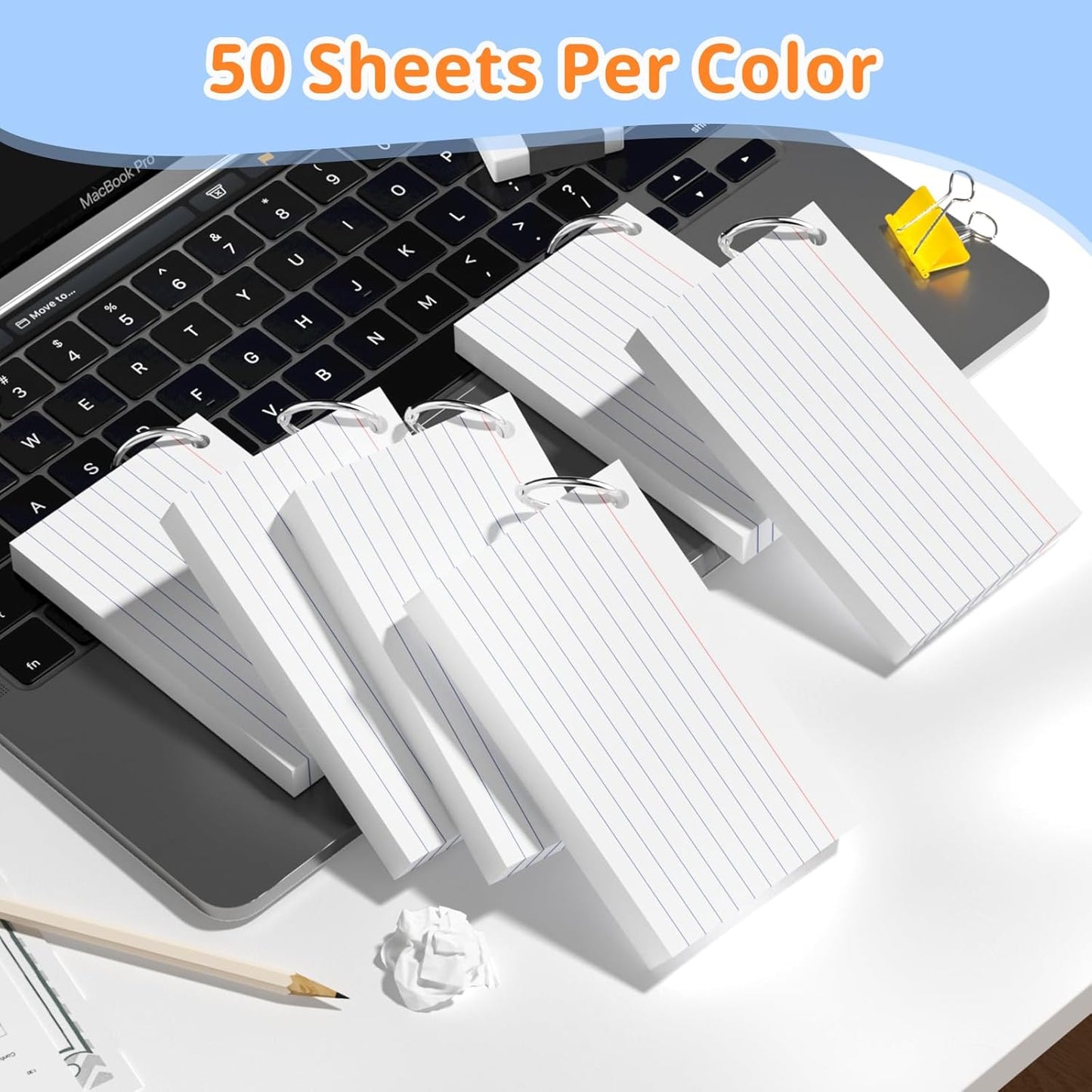 Index Cards 3x5 Inches, 300 PCS, Colored Flash Cards With Ring, Punched Lined Study Card Ruled Flashcards Notecards, Ruled Front And Blank Back, Note Card for School, College And Home