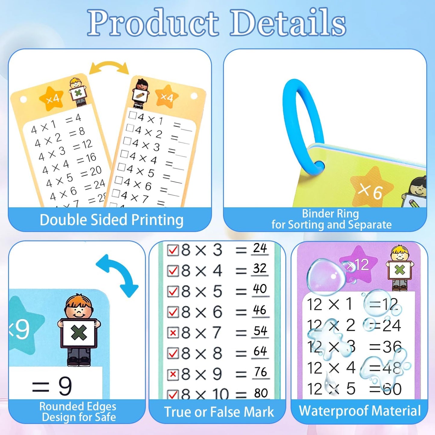 0-12 Multiplication Flash Cards, Large Educational Math, Times Table Flashcards Chart, with 15 Cards, 2 Dry Erase Markers, 1 Rings, Educational Multiplication for Classroom Home