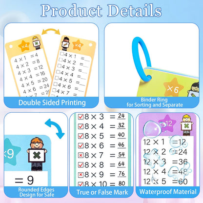0-12 Multiplication Flash Cards, Large Educational Math, Times Table Flashcards Chart, with 15 Cards, 2 Dry Erase Markers, 1 Rings, Educational Multiplication for Classroom Home