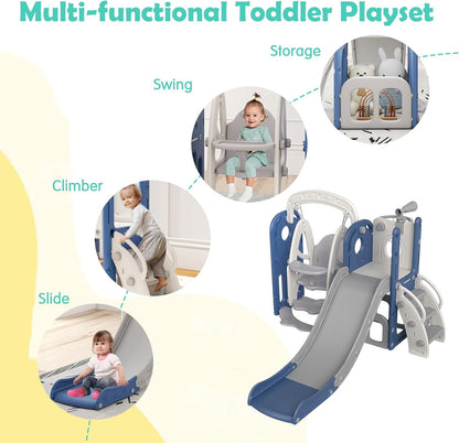 kinbor 6 in 1 Toddler Slide PlaySet - Indoor Outdoor Fun for Kids Ages 1-3, Includes Basketball Hoop, Telescope, Storage & Climber, Safe, Sturdy Baby Slide for Backyard Playground, Blue