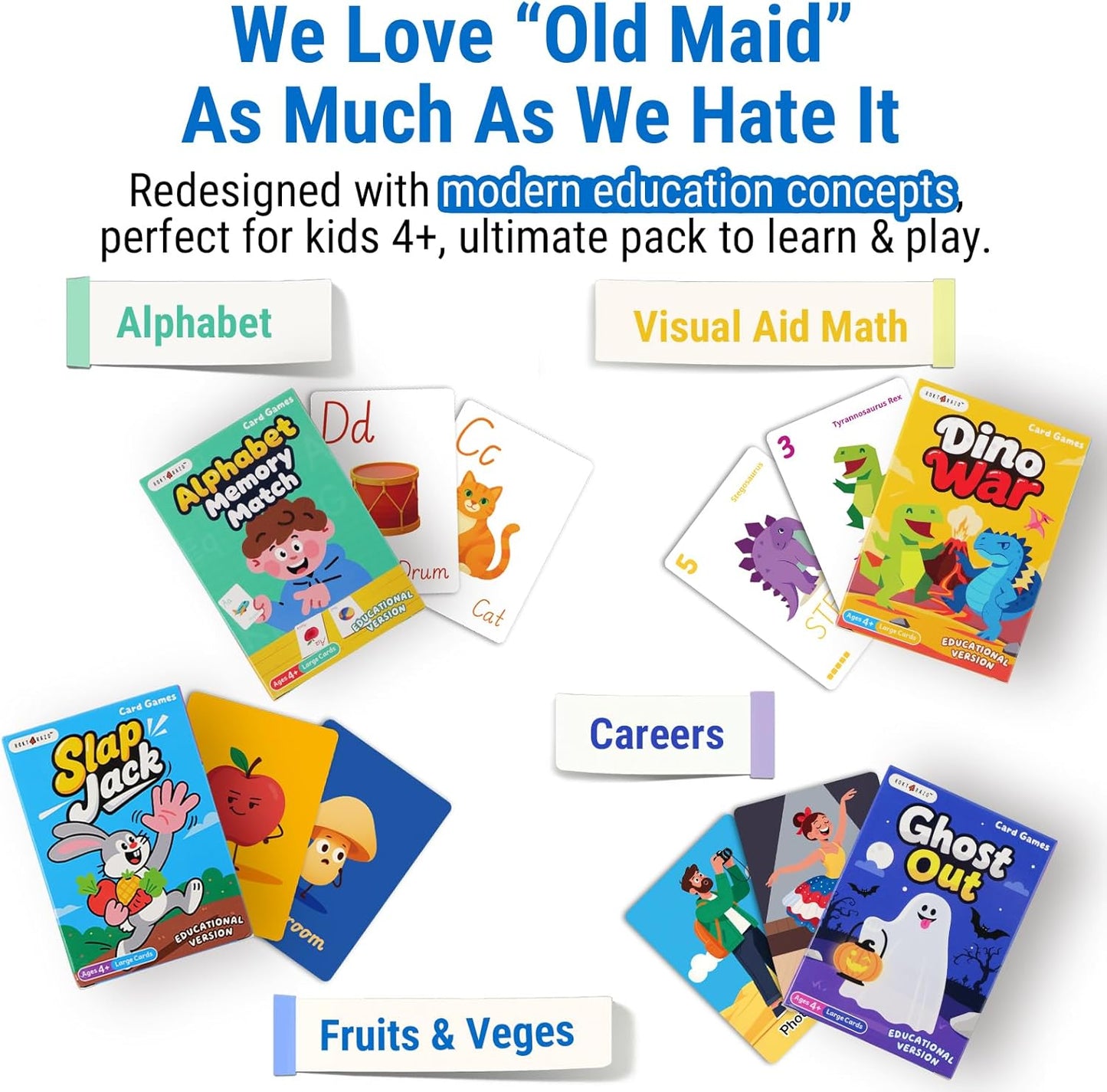 Upgraded Kids Card Games Pack, 6 Decks, Go Fish, Old Maid, Crazy Eights, Memory Match, Slap Jack, War, Playing Cards, Easter Basket Stuffers, Stocking Stuffers