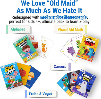Upgraded Kids Card Games Pack, 6 Decks, Go Fish, Old Maid, Crazy Eights, Memory Match, Slap Jack, War, Playing Cards, Easter Basket Stuffers, Stocking Stuffers