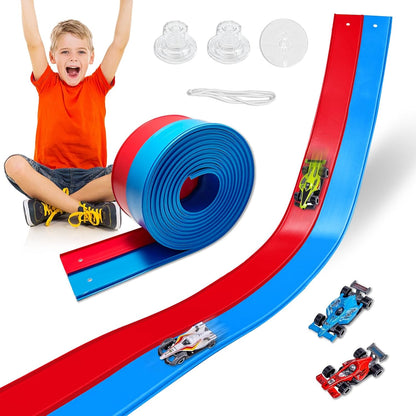 Flexible Race Track Toys for Kids, 15 Ft Double Lane Racetrack with 4 Cars & Suction Cups, Compatible with Hot Wheels & 1/64 Diecast Cars, Portable Roll Up Car Ramp Track Set for Ages 3+(Yellow&Blue)